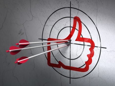 Success social media concept: arrows hitting the center of Red Thumb Up target on wall background, 3d render