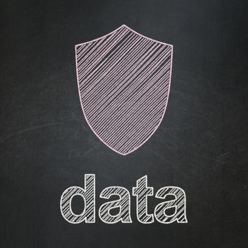 Information concept: Shield icon and text Data on Black chalkboard background, 3d render