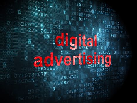 Advertising concept: pixelated words Digital Advertising on digital background, 3d render