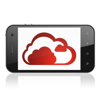 Cloud technology concept: smartphone with Cloud icon on display. Mobile smart phone on White background, cell phone 3d render