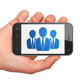News concept: hand holding smartphone with Business People on display. Mobile smart phone on White background, 3d render