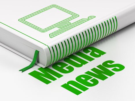 News concept: closed book with Green Computer Pc icon and text Media News on floor, white background, 3d render