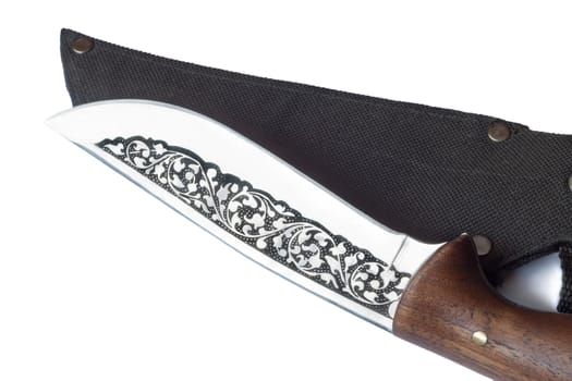 Large, beautifully decorated with a hunting knife and black case for a knife
Presented on a white background
