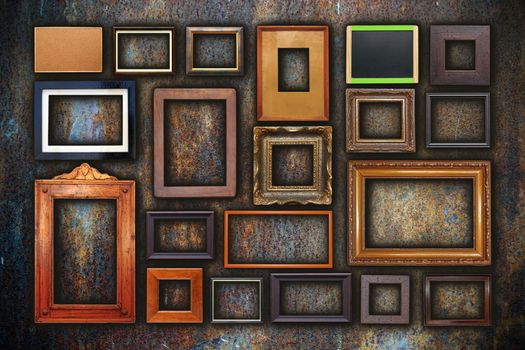 grunge wall full of old wooden frames, illustration