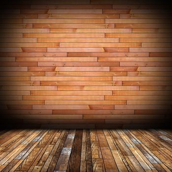 interior with wood finishing floor and wall, empty backdrop 