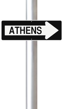 A modified one way sign indicating Athens (Greece)