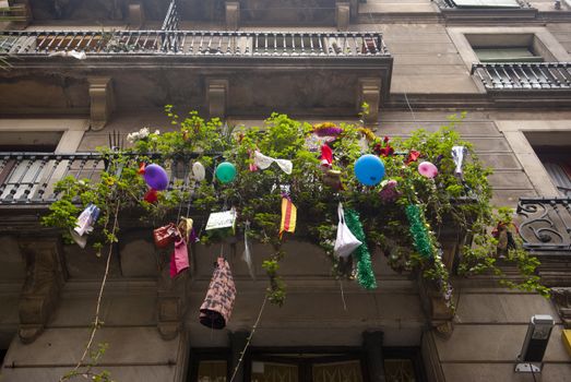 Colorful Christmas balcony decoration in Barcelona, Spain