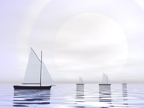 Several sailing boats floating on the water in front of hard white sun