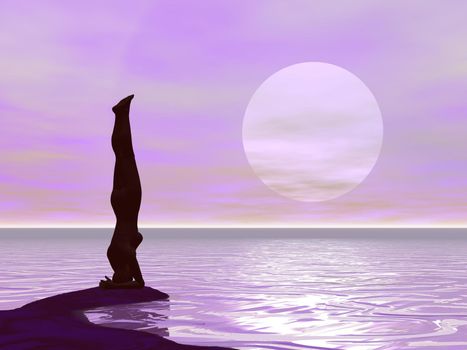 Woman silhouette performing head stand yoga pose in front of violet sunset