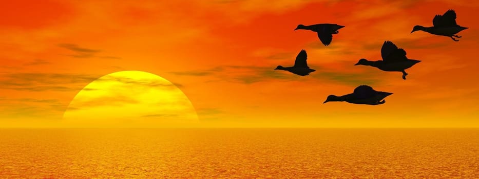 Silhouette of ducks flying upon water by red sunset