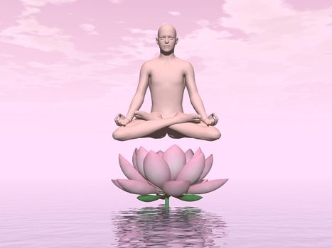 One human meditating upon a lily flower and water in pink background