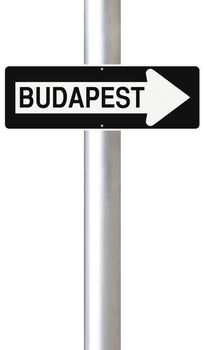 A modified one way sign indicating Budapest (Hungary)