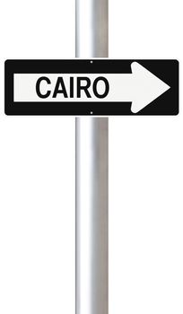 A modified one way sign indicating Cairo (Egypt)