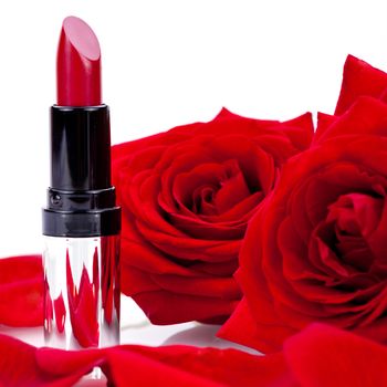 Focus to an opened tube of beautiful vibrant sexy red or scarlet lipstick with rose petals and roses on a white background with copyspace