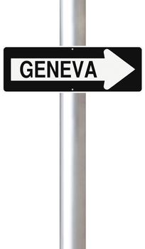 A modified one way sign indicating Geneva (Switzerland)