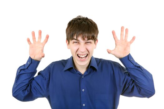 Angry Young Man shows the Palms and threaten on the White Background