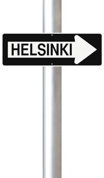 A modified one way sign indicating Helsinki (Finland)