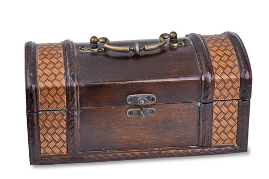 A small treasure chest (closed) isolated on a white background with light shadow. 