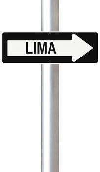 A modified one way sign indicating Lima (Peru)