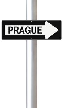 A modified one way sign indicating Prague (Czech Republic)