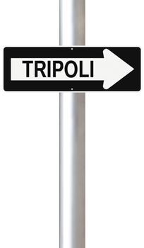 A modified one way sign indicating Tripoli (Libya)