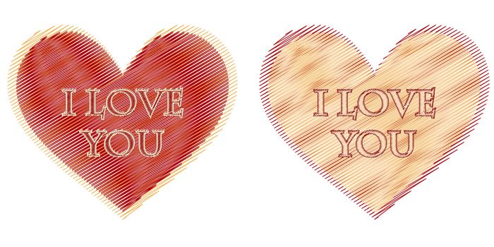 text I love you in two striped hearts, beige and red