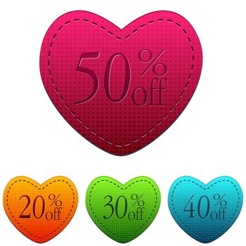 different percentages rebate in hearts banners, valentines day sale concept