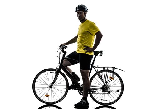 one caucasian man exercising bicycle mountain bike standing on white background