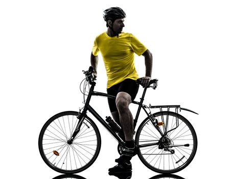 one caucasian man exercising bicycle mountain bike  on white background