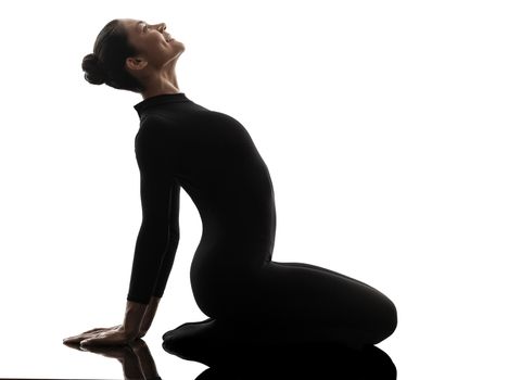 one caucasian woman contortionist practicing gymnastic yoga in silhouette  on white background