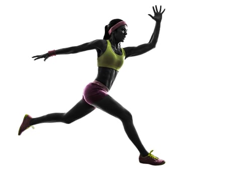 one caucasian woman runner running jumping in silhouette on white background