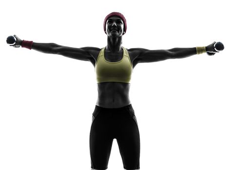 one woman exercising fitness workout weight training in silhouette on white background