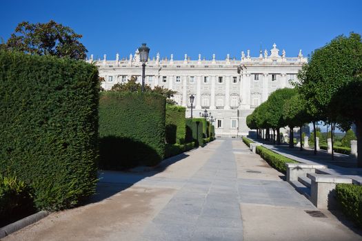 Beautiful view of famous Royal Palace in Madrid, Spain