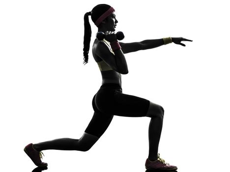 one woman exercising fitness workout lunges in silhouette on white background
