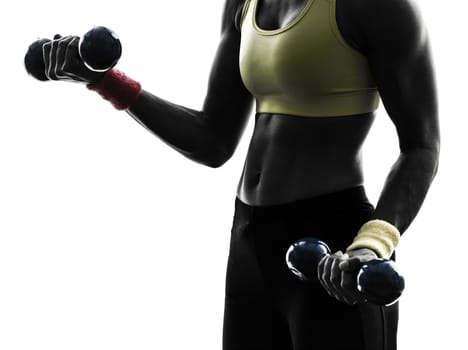 close up one woman exercising weight training fitness workout in silhouette on white background