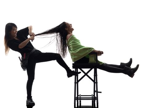 woman and hairdresser in silhouette on white background