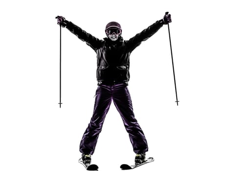one caucasian woman skier skiing happy joyful in silhouette on white background