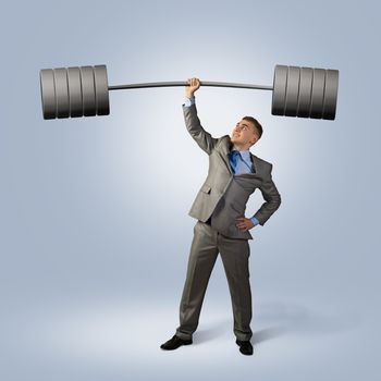 businessman holding a barbell with one hand, the concept of achievements in business