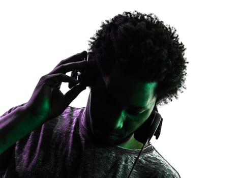 one disc jockey man portrait in silhouette on white background