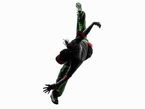 one hip hop acrobatic break dancer breakdancing young man jumping silhouette white background