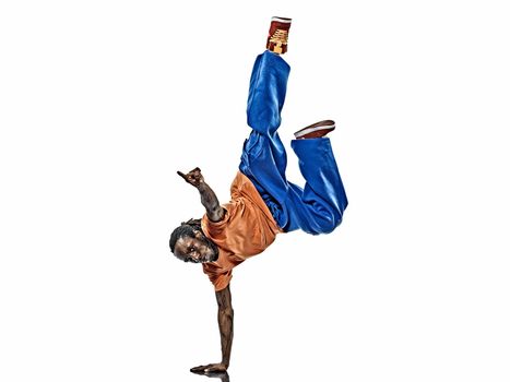 one hip hop acrobatic break dancer breakdancing young man handstand silhouette white background