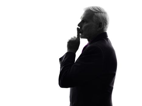 One Caucasian Senior Business Man hushing finger on lips Silhouette White Background