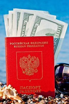 passport with dollars on the beach against the sea