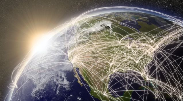 North America with network representing major air traffic routes. Elements of this image furnished by NASA.