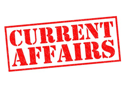 CURRENT AFFAIRS red Rubber Stamp over a white background.