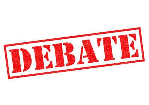 DEBATE red Rubber Stamp over a white background.