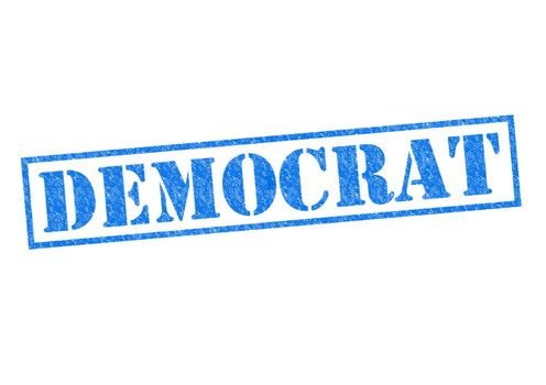 DEMOCRAT blue Rubber Stamp over a white background.