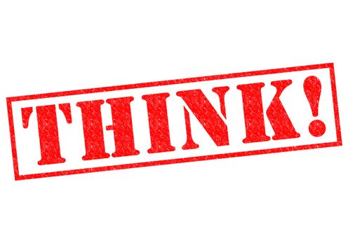 THINK! red Rubber Stamp over a white background.