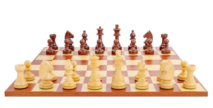 Chess board set up to begin a game, isolated on white background