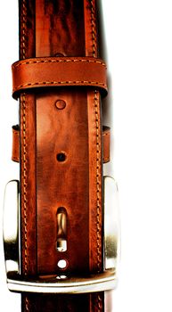 Red Brown Men Leather Belt with Silver Buckle isolated on white background. Vertical View